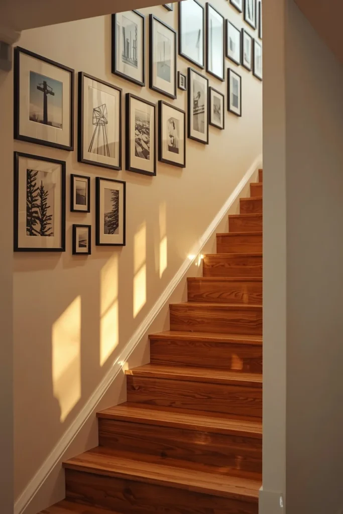 18 Staircase Ideas That Turn a Functional Feature Into a Stunning Design Statement 13 staircase wall, featuring a curated gallery wall of black-framed art