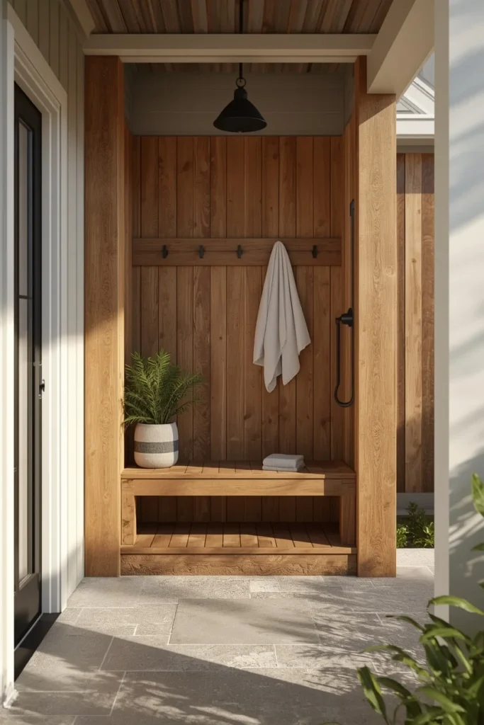 20 Summer House Interior Ideas That Are Bright, Breezy & Beautifully Relaxed 13 summer house exterior entry, featuring a wood-surrounded outdoor shower