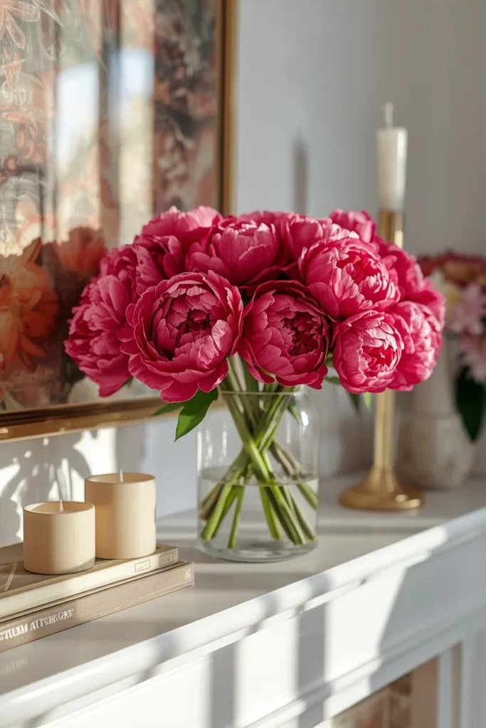 20 Summer Mantel Ideas That Bring Breezy Seasonal Charm Into Your Home 13 fireplace mantel, featuring a vibrant bouquet of peonies or hydrangeas i