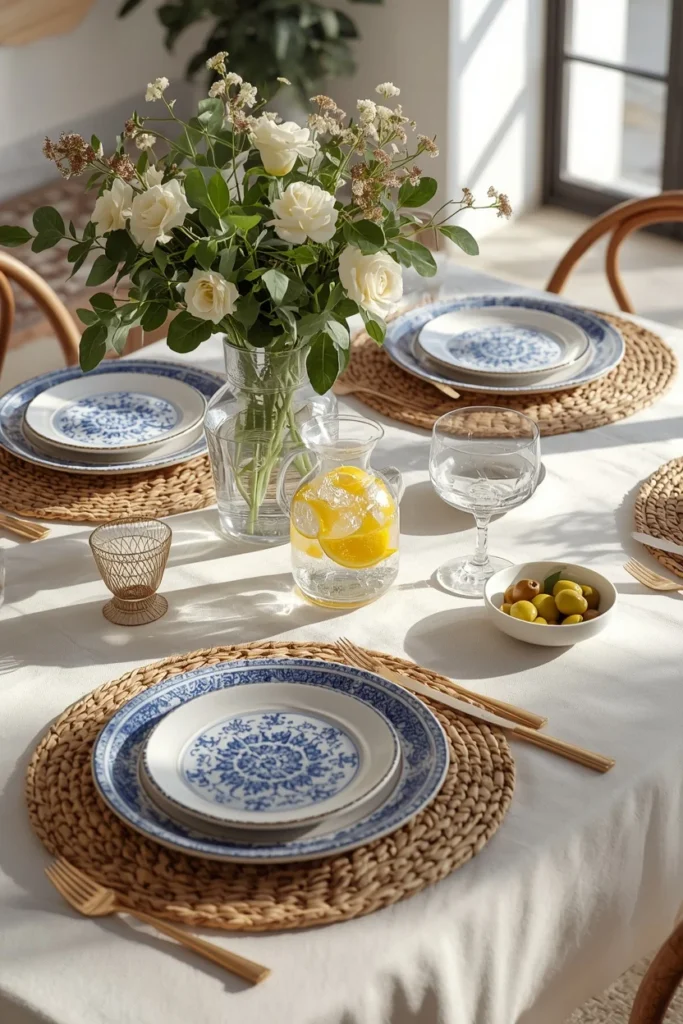 24 Summer Tablescape Ideas That Are Fresh, Colorful & Totally Stunning 13 Mediterranean-style summer table featuring blue and white ceramic plates