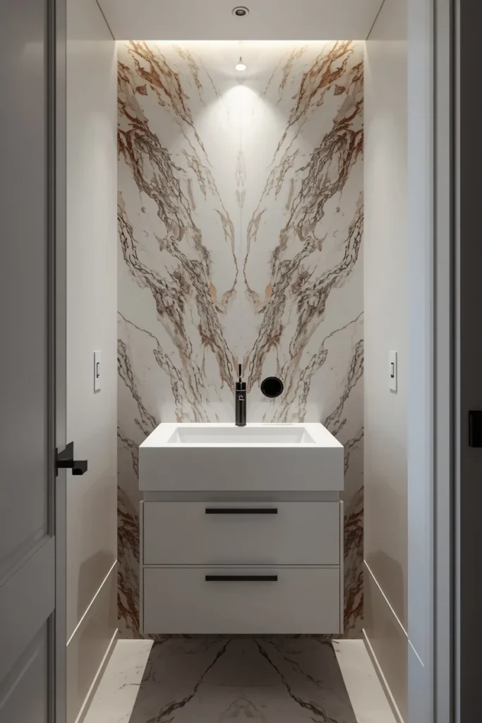 24 Tiny Powder Room Ideas That Make the Biggest Impression 13 small powder room, featuring a bookmatched marble slab