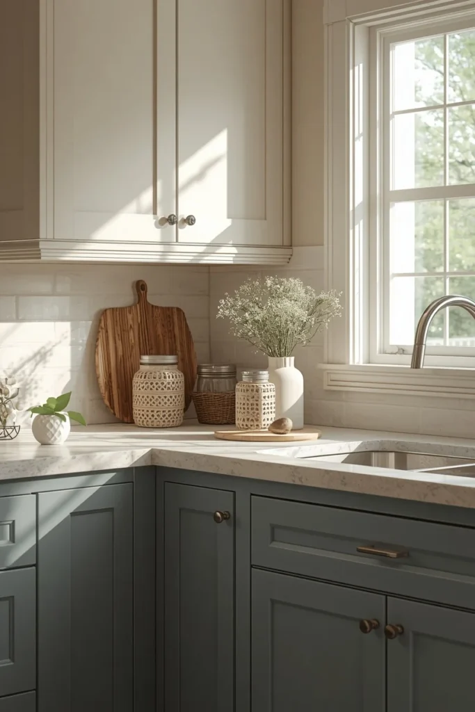 23 Two-Tone Kitchen Cabinet Combos That Look Insanely Expensive 13 cottage kitchen, featuring dusty blue lower cabinets and warm cream upper cabinets,