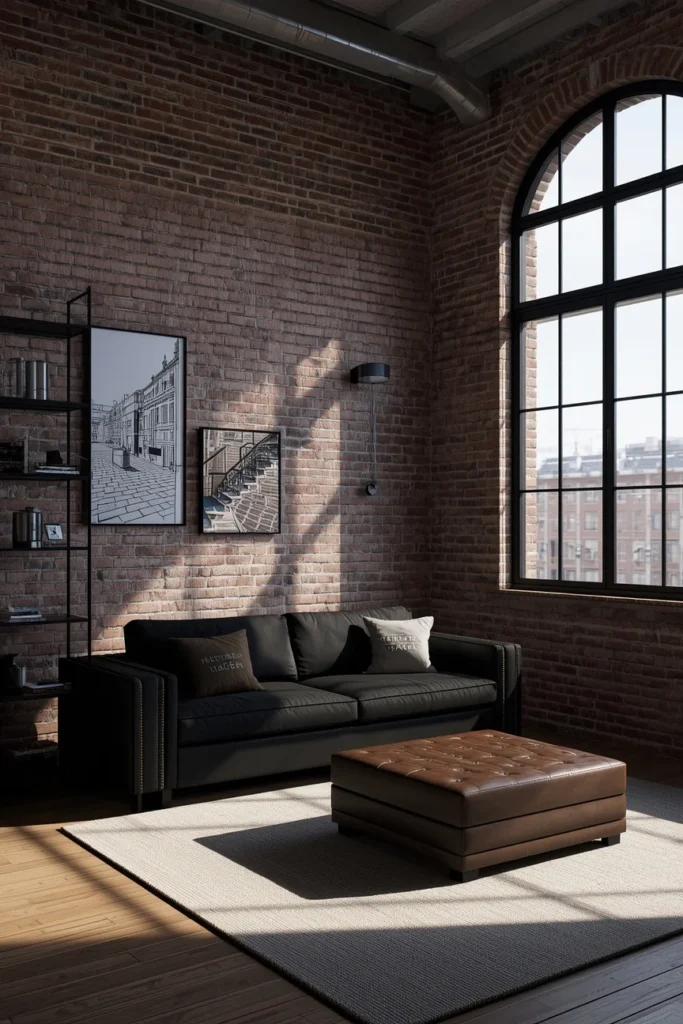 23 Black Sofa Living Room Ideas That Look Sleek, Bold & Super Expensive 14 living room, featuring a black sofa against an exposed brick wall
