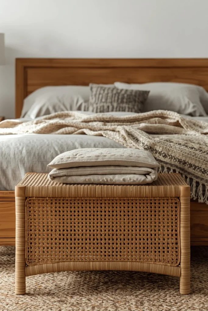 25 Boho Farmhouse Bedroom Ideas That Are Effortlessly Cozy & Beautiful 14 bedroom shot, featuring a woven rattan bench at the foot of a wood bed frame