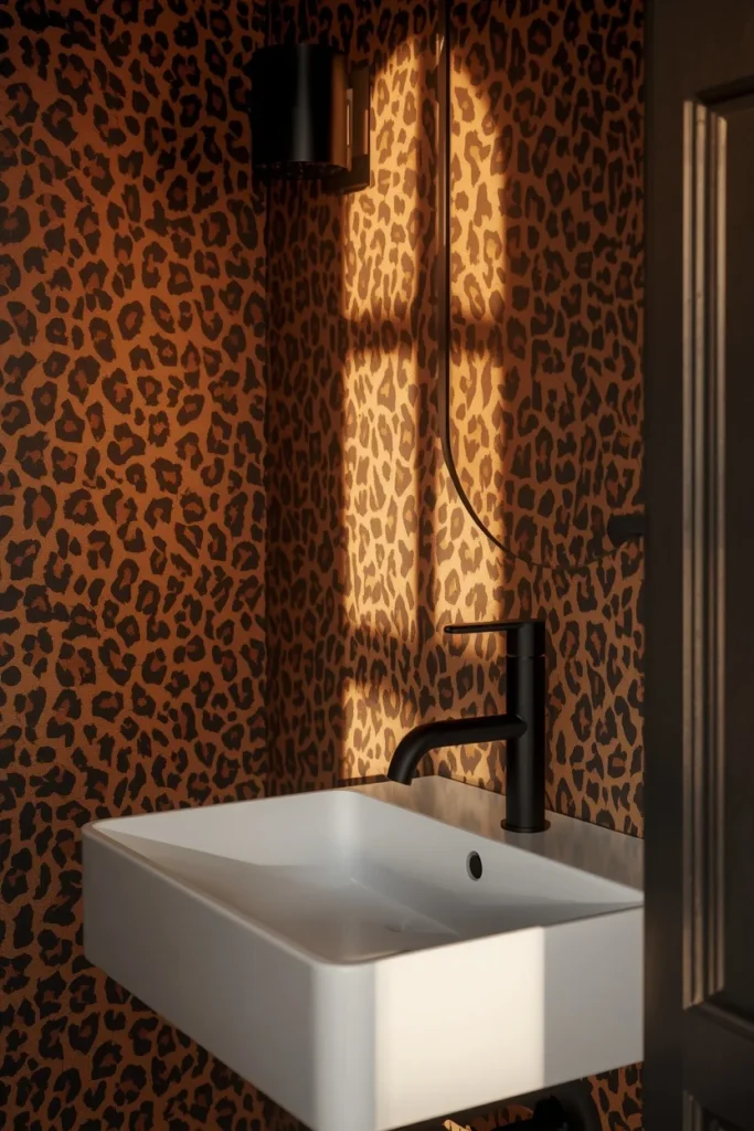 22 Bold Bathroom Wallpaper Ideas That Make Every Guest Say Wow 14 powder room, featuring refined leopard-print wallpaper