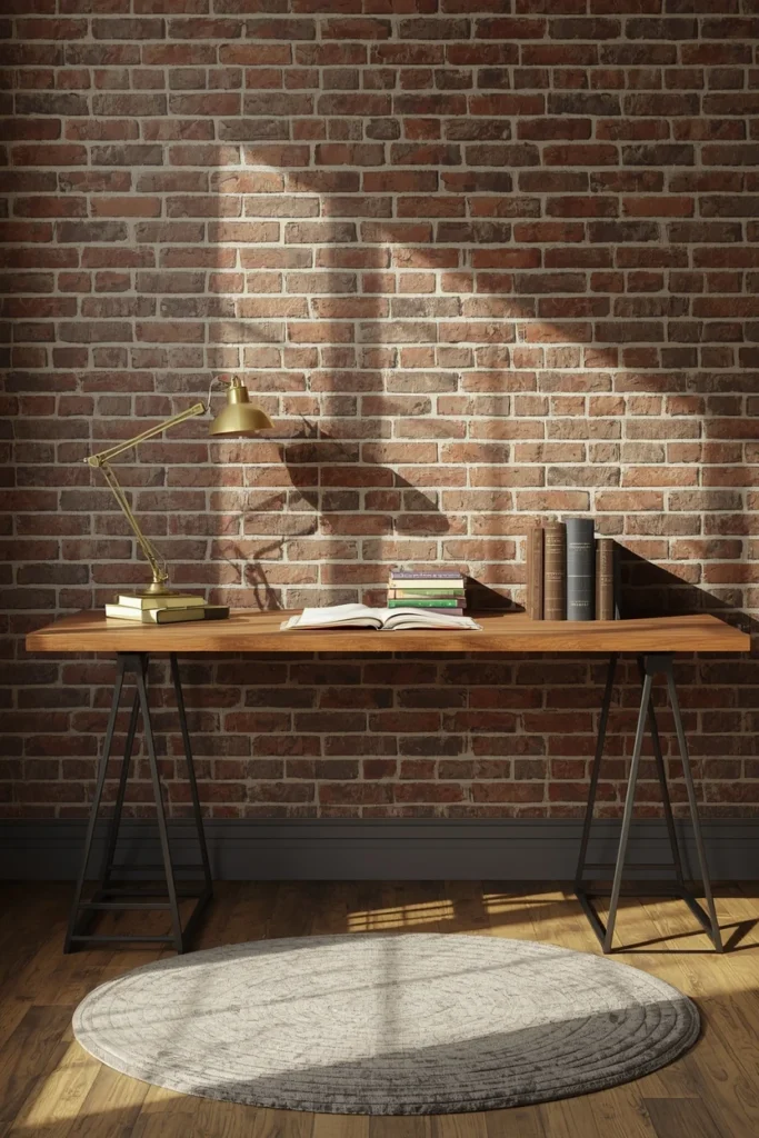 17 Cozy Study Space Ideas That Make Focusing Feel Effortless & Enjoyable 14 study space, featuring an exposed brick accent wall