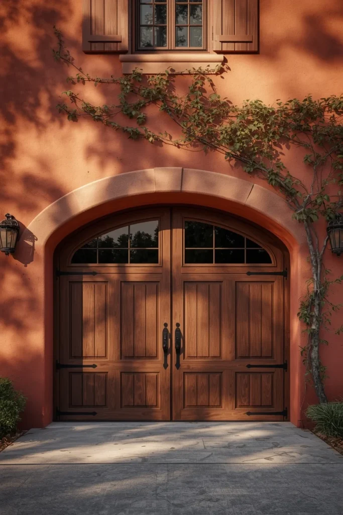17 Garage Door Designs That Completely Transform Your Home's First Impression 14 French country stucco home exterior, featuring an arched-top wood garage door