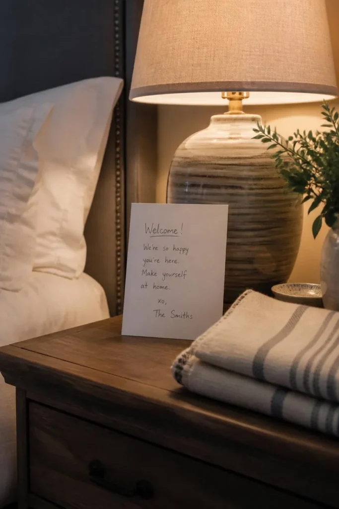 17 Guest Bedroom Ideas That Will Make Every Visitor Never Want to Leave 14 guest bedroom nightstand, featuring a handwritten welcome note