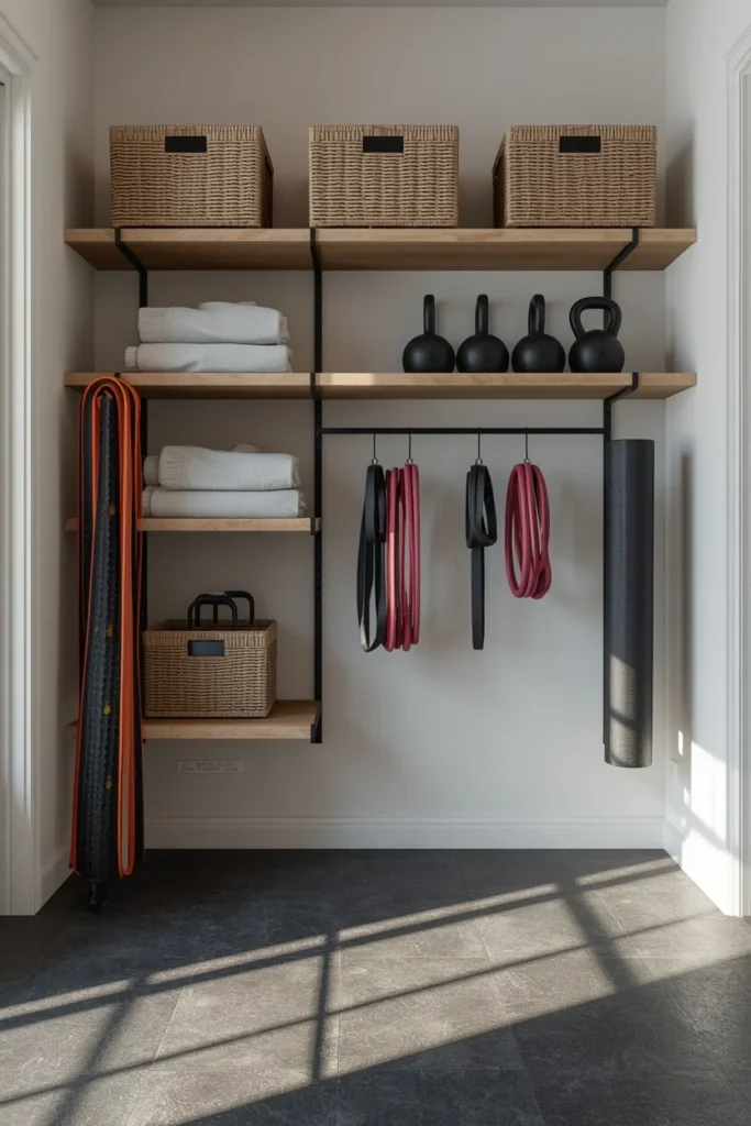 18 Home Gym Ideas That Make Working Out at Home Feel Seriously Motivating 14 home gym, featuring open wood shelving with woven storage baskets