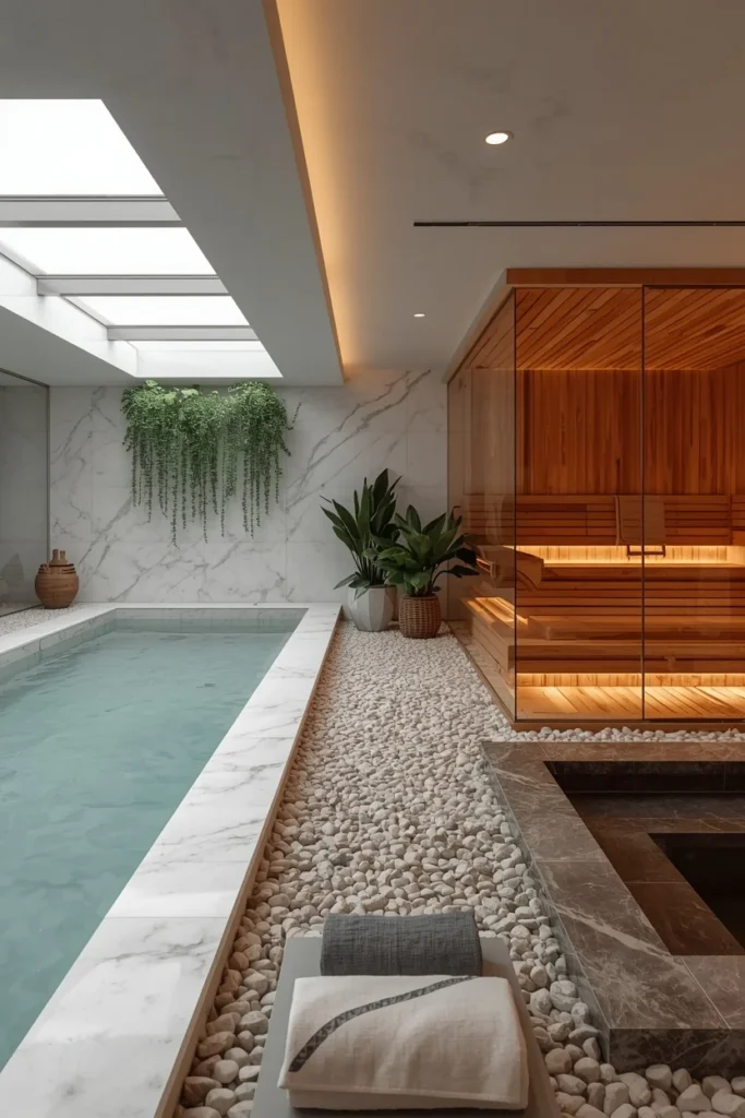 23 Modern Indoor Pool Designs That Are Pure Luxury Right Inside Your Home 14 home wellness suite with indoor pool and sauna