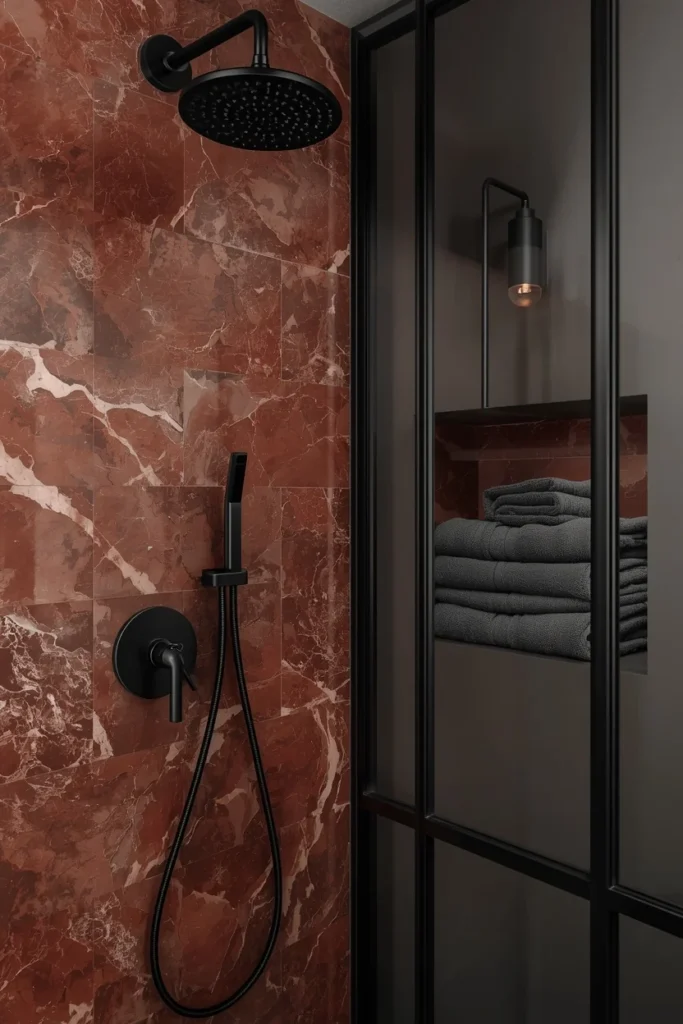 17 Red Marble Bathroom Ideas That Scream Luxury From Every Angle 14 bathroom, featuring honed red marble shower wall