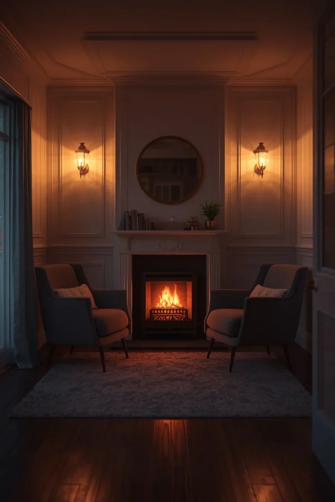 25 She Shed Interior Ideas That Create the Ultimate Personal Retreat 14 she shed lounge, featuring a small electric fireplace