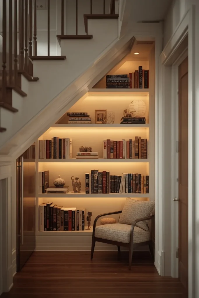 18 Staircase Ideas That Turn a Functional Feature Into a Stunning Design Statement 14 under-stair storage nook, featuring built-in open shelving with books