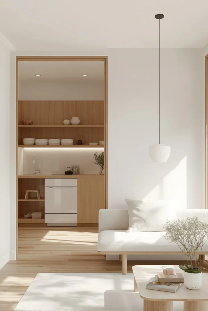 20 Studio Apartment Ideas That Make One Room Feel Like a Whole Beautiful Home 14 Japandi-style studio apartment, featuring soft white walls,