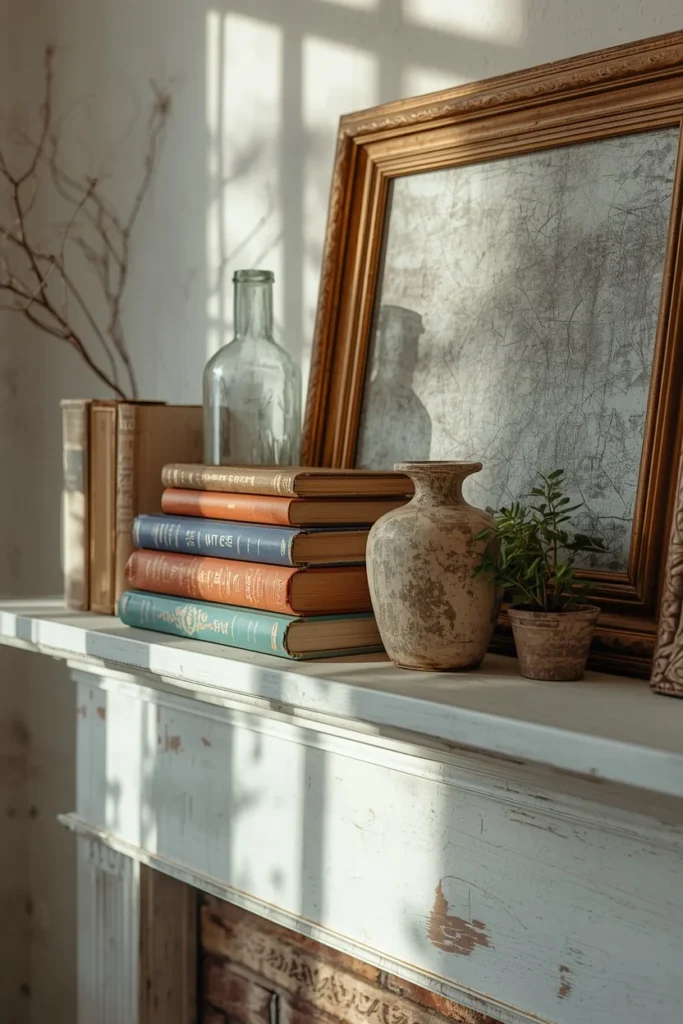 20 Summer Mantel Ideas That Bring Breezy Seasonal Charm Into Your Home 14 fireplace mantel, featuring a stack of worn vintage books,