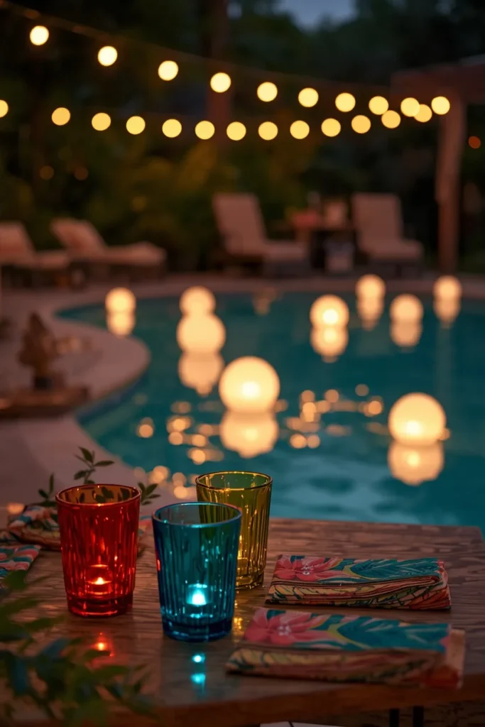 24 Summer Tablescape Ideas That Are Fresh, Colorful & Totally Stunning 14 poolside evening party scene featuring a serving table