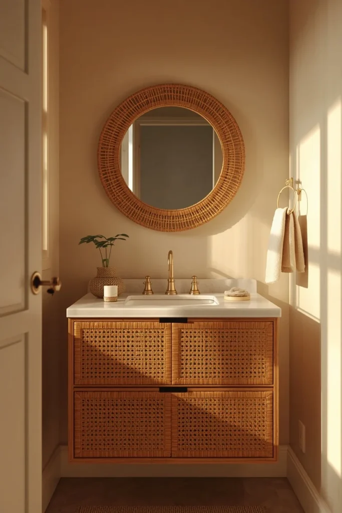 24 Tiny Powder Room Ideas That Make the Biggest Impression 14 small powder room, featuring a rattan-front floating vanity cabinet,