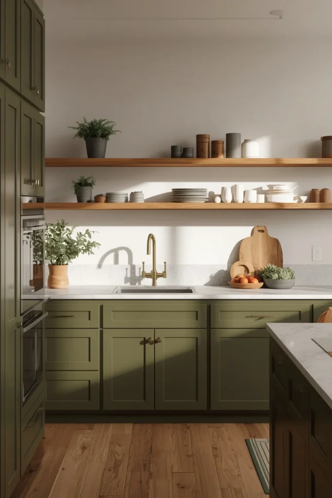 23 Two-Tone Kitchen Cabinet Combos That Look Insanely Expensive 14 kitchen, featuring olive green cabinetry paired with natural wood open shelving