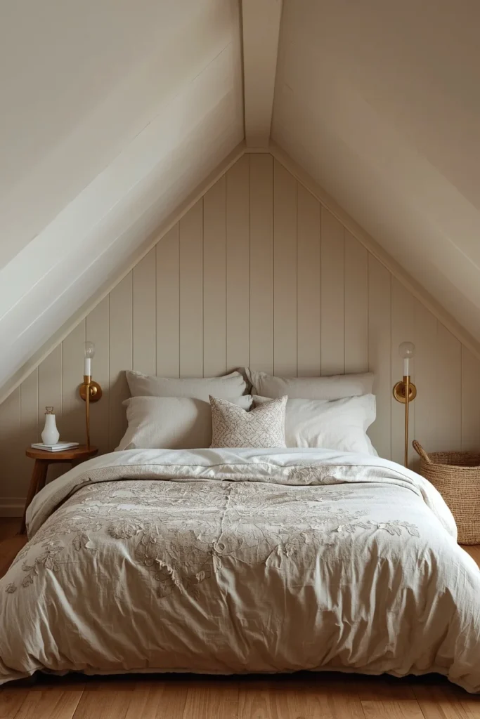 19 Attic Bedroom Ideas That Turn Forgotten Space Into a Dreamy Hideaway 15 attic bedroom shot, featuring linen bedding with a muted floral pattern,