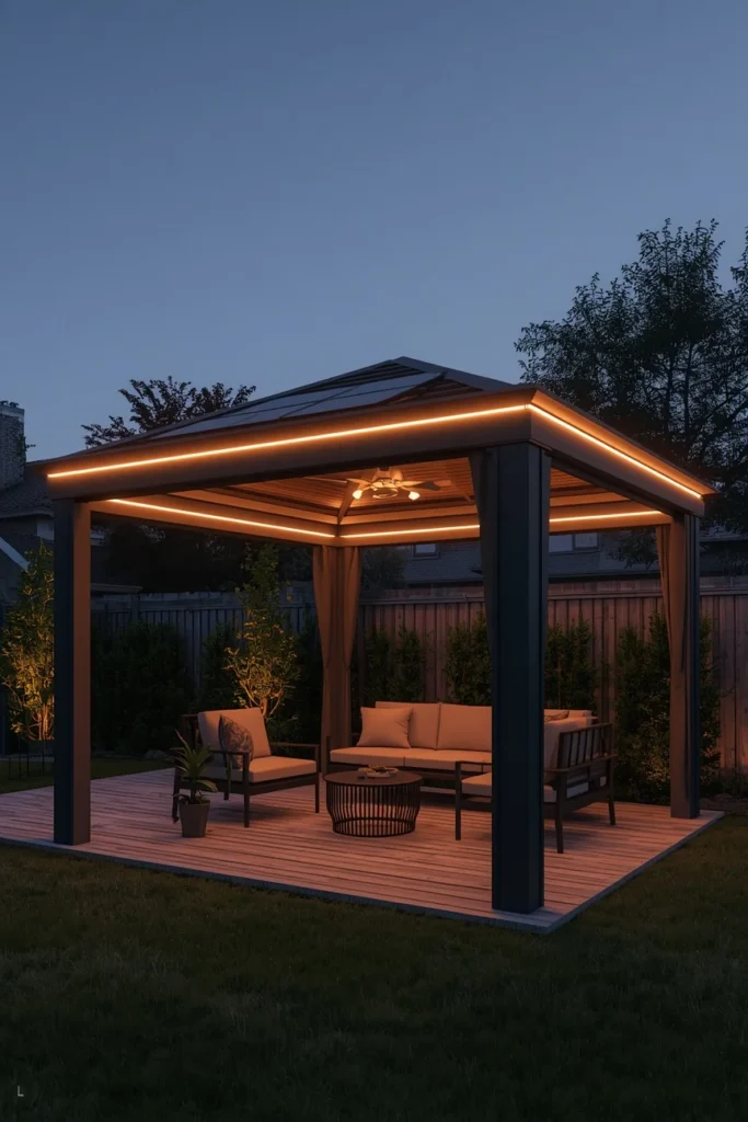 18 Backyard Gazebo Ideas That Create the Most Beautiful Outdoor Escape 15 backyard, featuring a modern gazebo with discreet solar panels