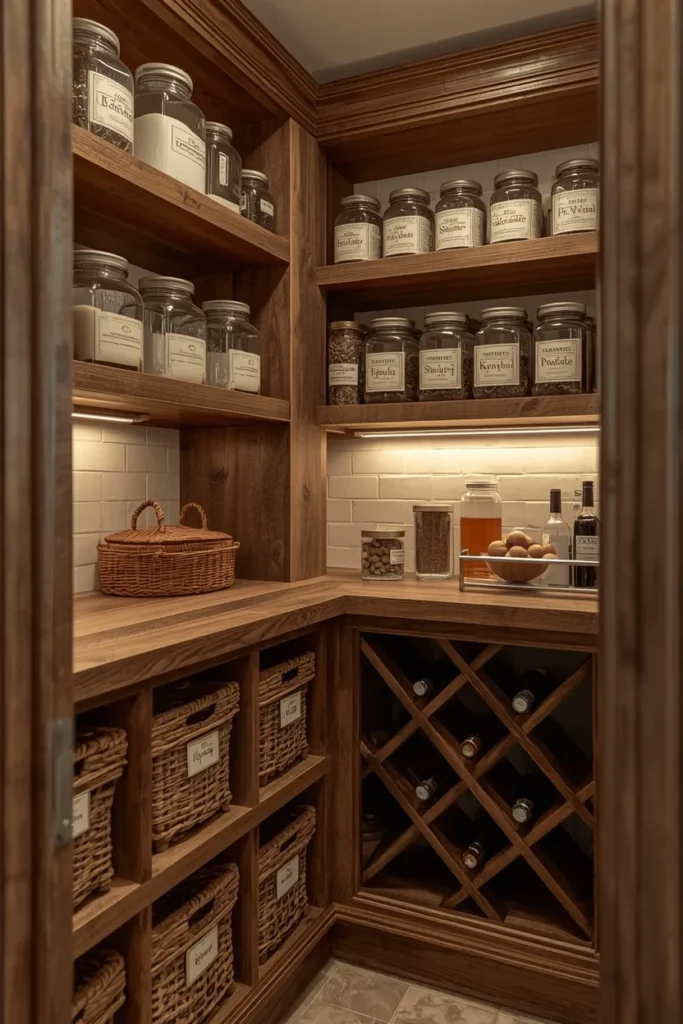 24 Basement Ideas That Transform the Most Overlooked Space Into Your Favorite Room 20 basement pantry storage wall, featuring open wood shelving