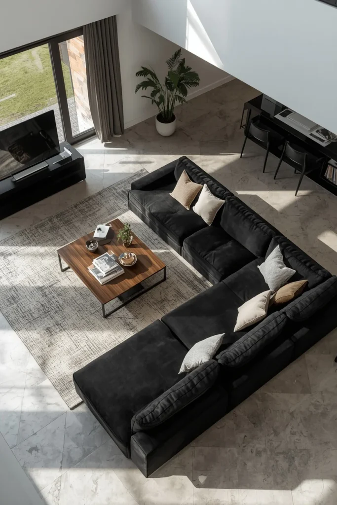 23 Black Sofa Living Room Ideas That Look Sleek, Bold & Super Expensive 15 living room, featuring a black modular sectional sofa