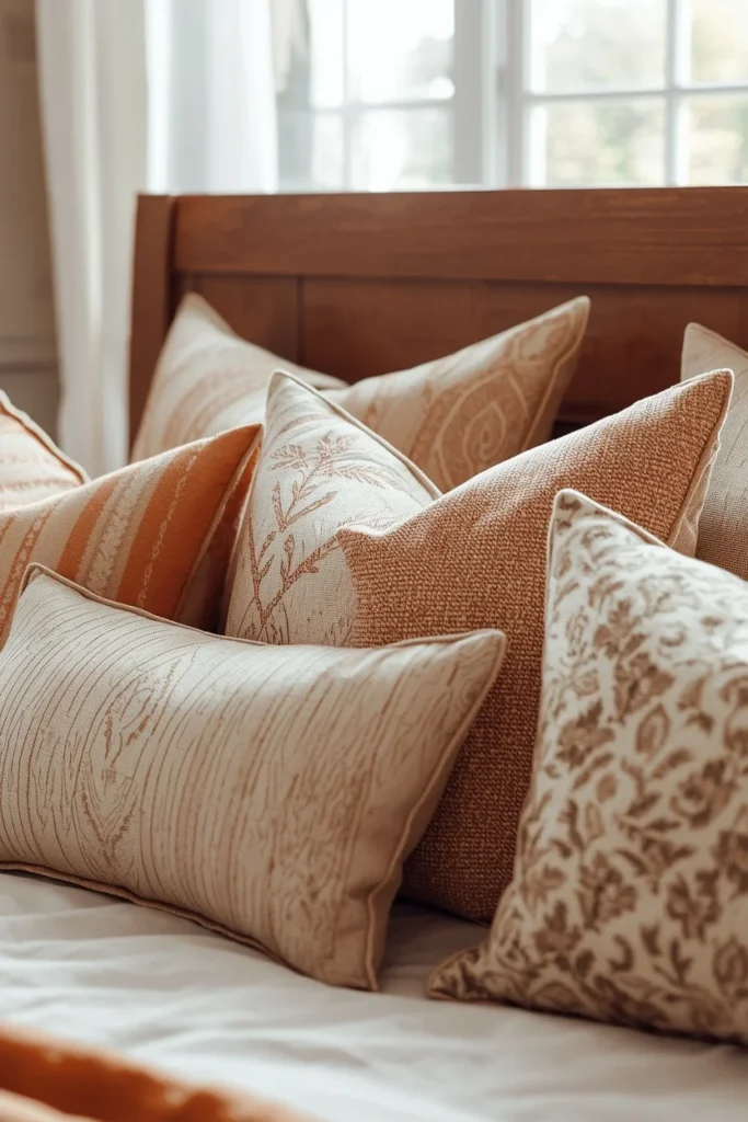 25 Boho Farmhouse Bedroom Ideas That Are Effortlessly Cozy & Beautiful 15 close-up bed styling shot, featuring five mixed-pattern throw pillows