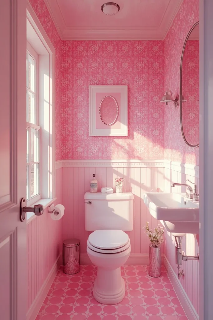22 Bold Bathroom Wallpaper Ideas That Make Every Guest Say Wow 15 bathroom, featuring bubblegum pink patterned wallpaper,