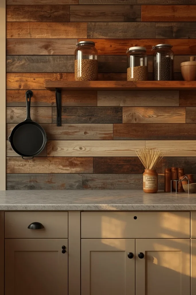21 Country Kitchen Backsplash Ideas That Make Your Whole Kitchen Pop 14 Reclaimed Wood Planks Sealed for Kitchen Use