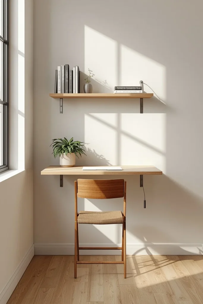 17 Cozy Study Space Ideas That Make Focusing Feel Effortless & Enjoyable 15 small study space, featuring a wall-mounted floating wood desk