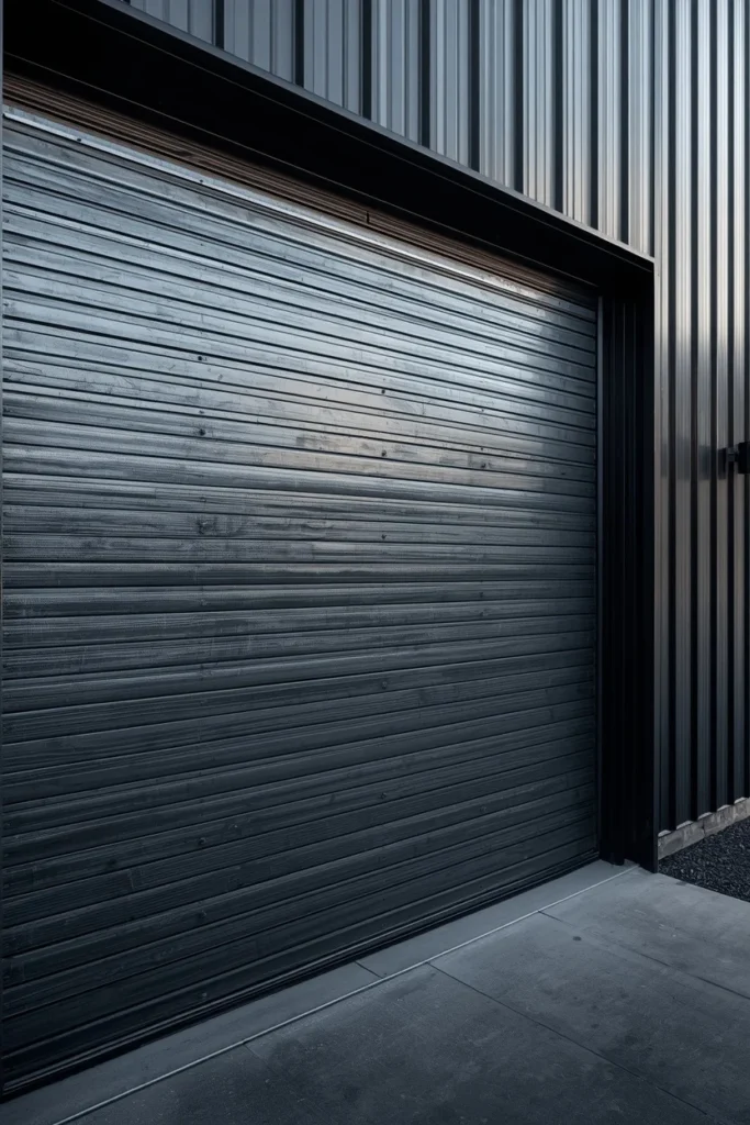 17 Garage Door Designs That Completely Transform Your Home's First Impression 15 modern industrial home exterior, featuring a raw corrugated steel garage door