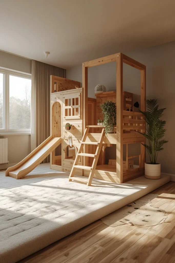 22 Genius Playroom Ideas That Kids Will Love & Parents Will Actually Appreciate 15 children's playroom, featuring a modular wood climbing structure