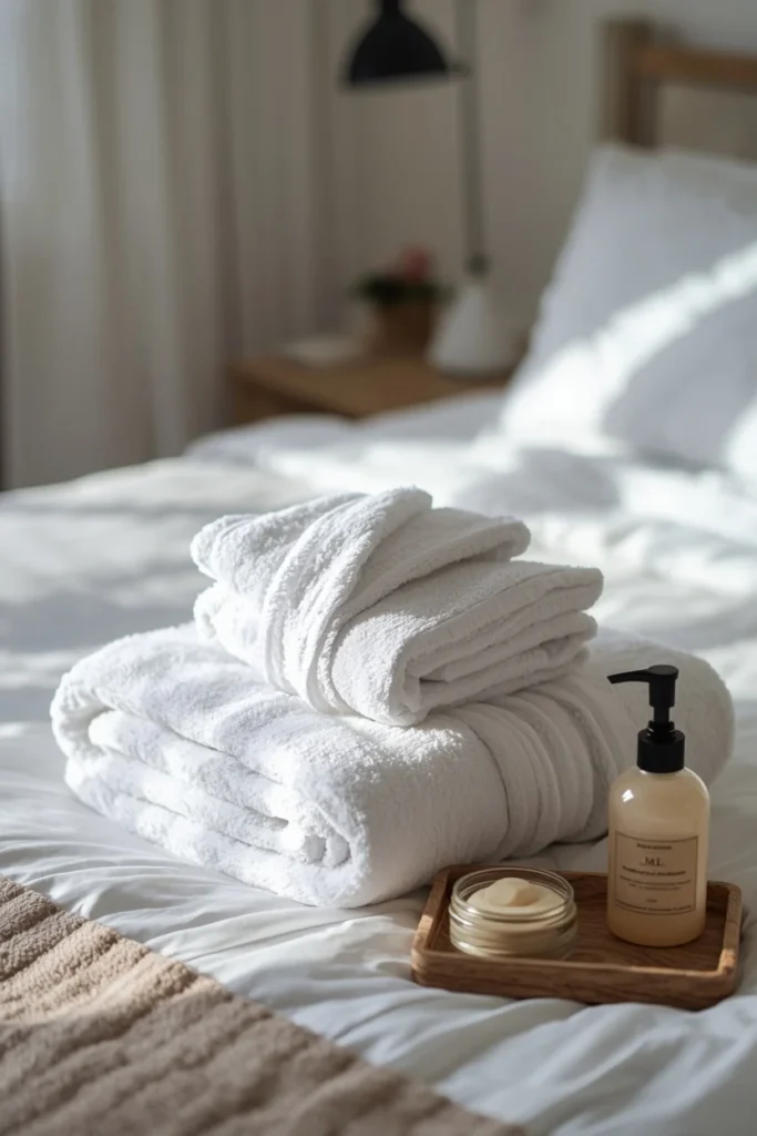 17 Guest Bedroom Ideas That Will Make Every Visitor Never Want to Leave 15 guest bedroom, featuring a stack of fluffy white folded towels