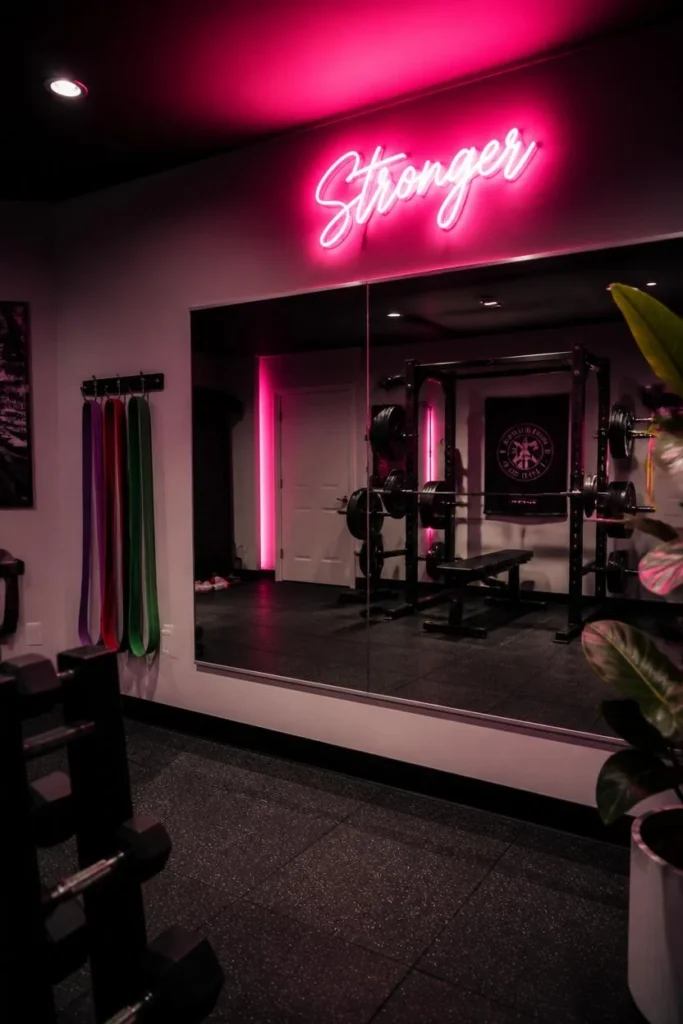 18 Home Gym Ideas That Make Working Out at Home Feel Seriously Motivating 15 home gym, featuring a pink neon script sign reading a short motivational word