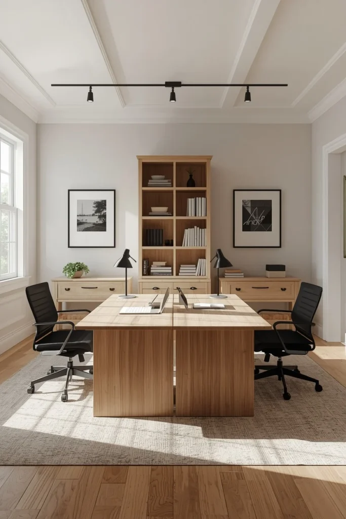 21 Home Office Aesthetic Ideas That Make Working From Home Actually Enjoyable 15 two-desk home office, featuring matching light wood desks