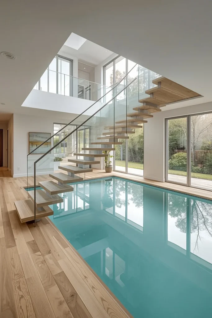 23 Modern Indoor Pool Designs That Are Pure Luxury Right Inside Your Home 15 luxury indoor pool with dramatic floating staircase