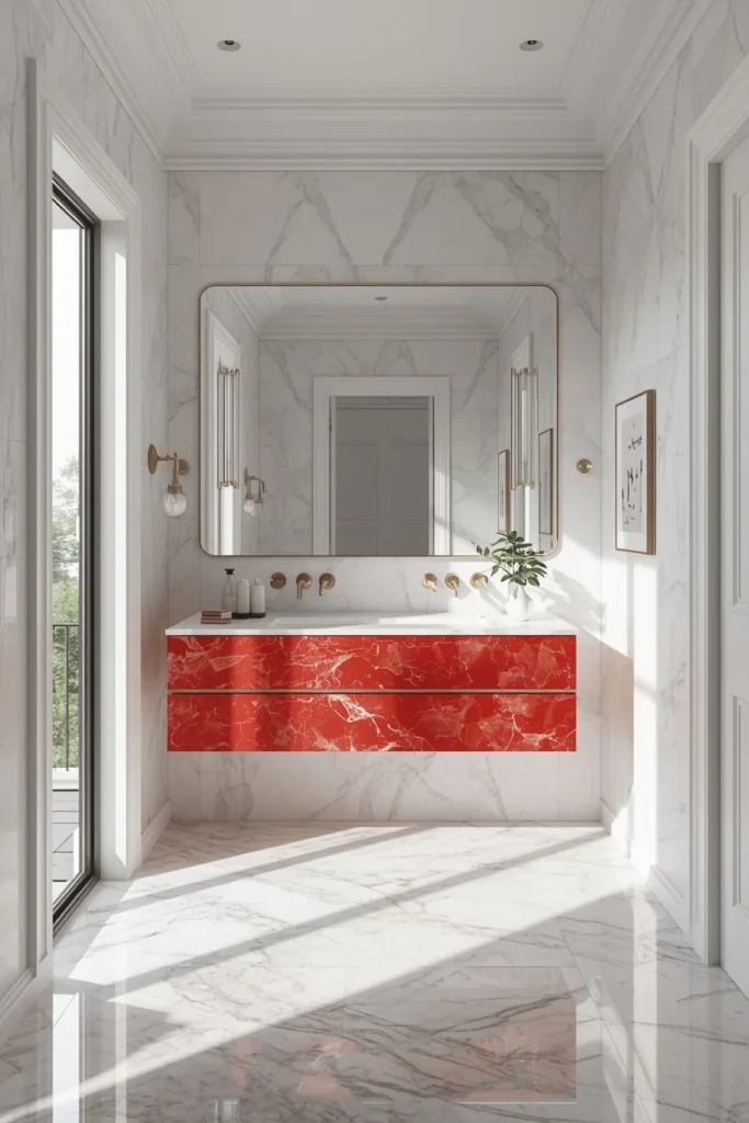 17 Red Marble Bathroom Ideas That Scream Luxury From Every Angle 15 bathroom, featuring predominantly white marble walls
