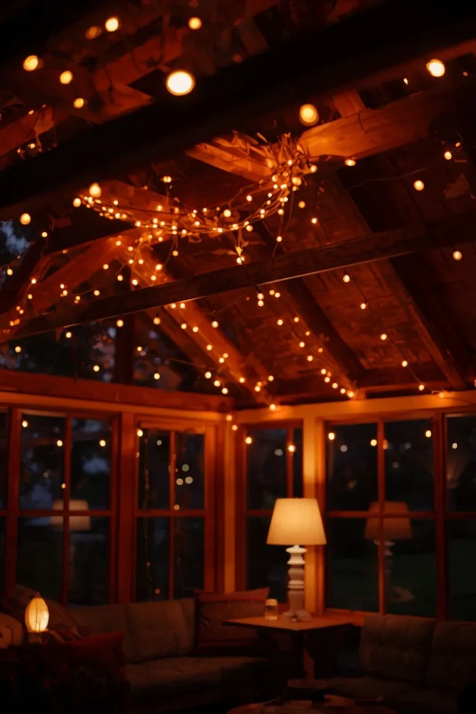 25 She Shed Interior Ideas That Create the Ultimate Personal Retreat 15 she shed interior at dusk, featuring warm amber string lights