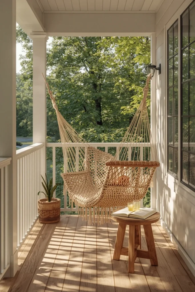 20 Summer House Interior Ideas That Are Bright, Breezy & Beautifully Relaxed 15 summer house porch, featuring a woven rope hammock