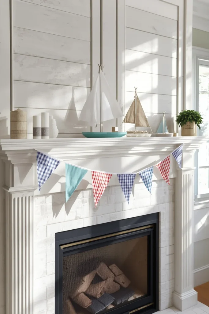20 Summer Mantel Ideas That Bring Breezy Seasonal Charm Into Your Home 15 fireplace mantel, featuring striped and gingham fabric pennants