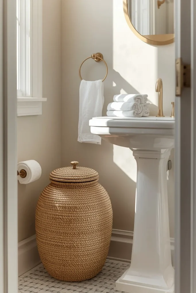 24 Tiny Powder Room Ideas That Make the Biggest Impression 15 tiny powder room, featuring a woven seagrass basket