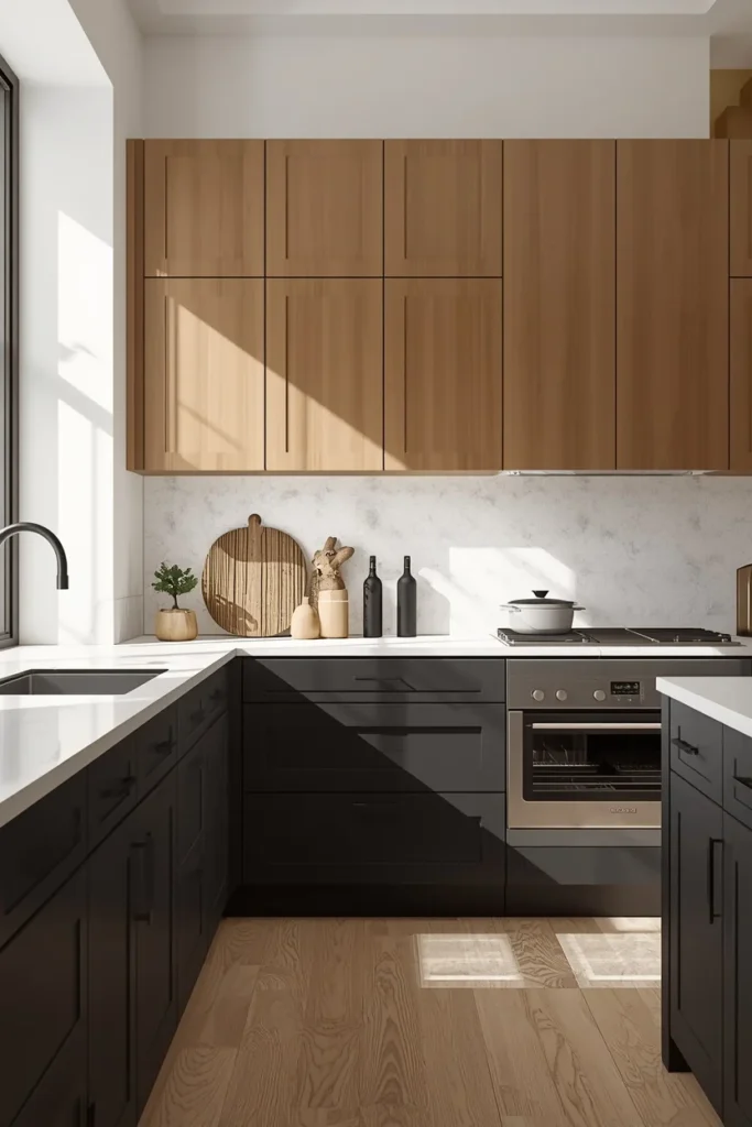 23 Two-Tone Kitchen Cabinet Combos That Look Insanely Expensive 15 kitchen, featuring soft black lower cabinets and warm white upper cabinets,