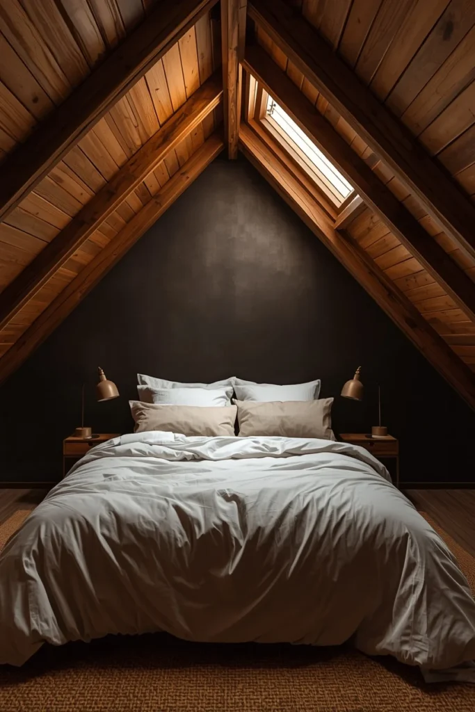 19 Attic Bedroom Ideas That Turn Forgotten Space Into a Dreamy Hideaway 16 attic bedroom shot, featuring a deep charcoal or dark brown sloped wall