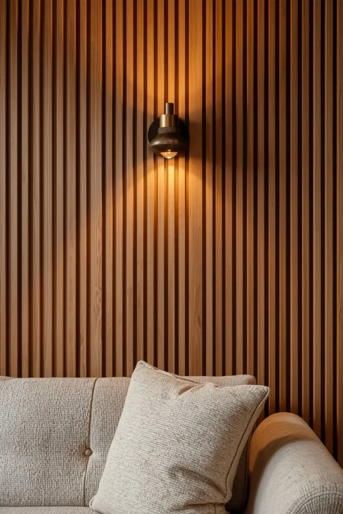 24 Basement Ideas That Transform the Most Overlooked Space Into Your Favorite Room 21 basement accent wall, featuring warm oak acoustic slat wood paneling