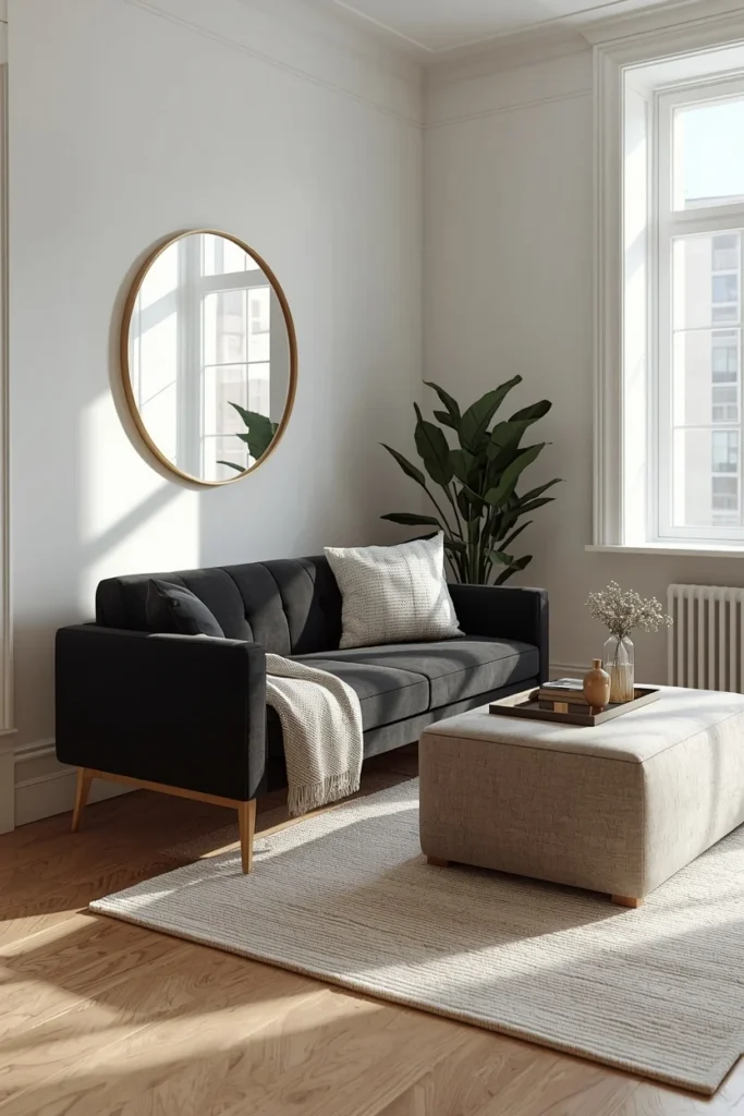 23 Black Sofa Living Room Ideas That Look Sleek, Bold & Super Expensive 16 living room, featuring a compact black loveseat
