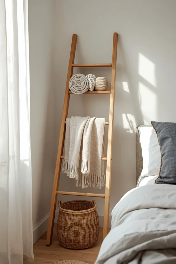 25 Boho Farmhouse Bedroom Ideas That Are Effortlessly Cozy & Beautiful 16 bedroom corner shot, featuring a leaning wood ladder