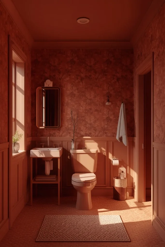 22 Bold Bathroom Wallpaper Ideas That Make Every Guest Say Wow 16 bathroom, featuring bold clay-toned wallpaper