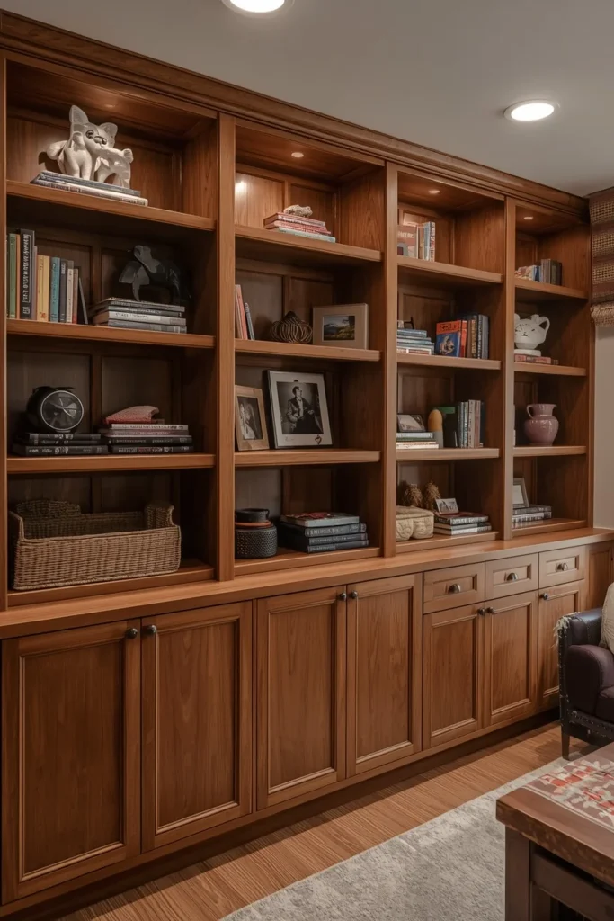 18 Cozy Basement Ideas That Transform Dead Space Into a Family Favorite Room 16 Built-In Storage and Shelving