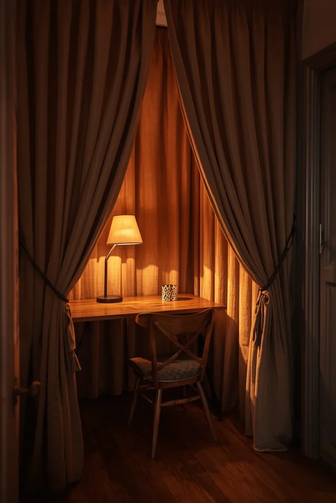 17 Cozy Study Space Ideas That Make Focusing Feel Effortless & Enjoyable 16 curtain-enclosed study nook, featuring warm linen drapery framing a small desk area
