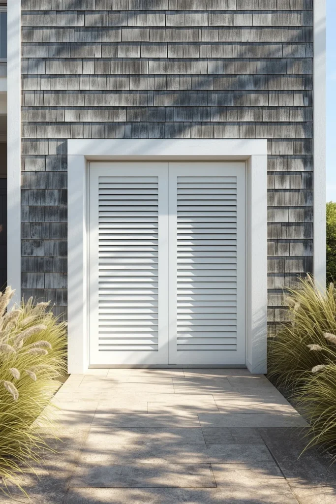17 Garage Door Designs That Completely Transform Your Home's First Impression 16 beach house exterior, featuring a white louvered shutter-style garage door